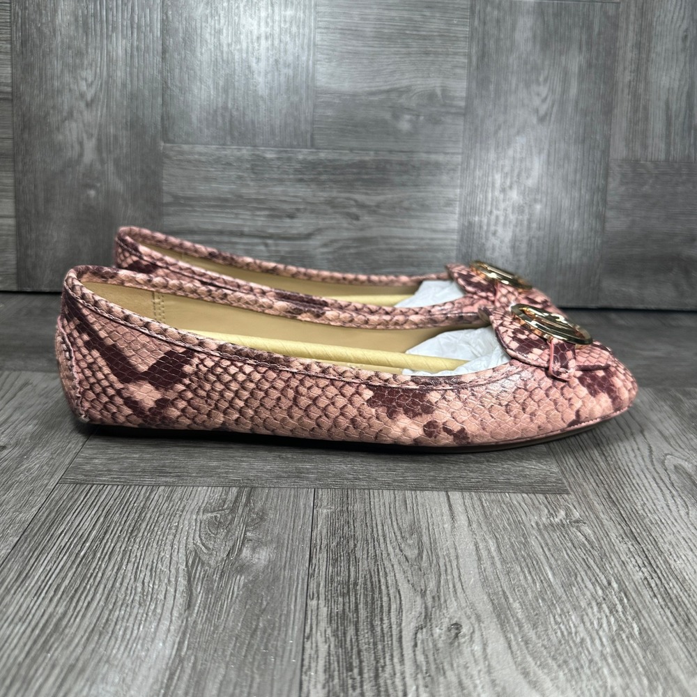 Michael Kors Lillie Flats Women 8M Pink Snakeskin Leather Logo Moccasin NEW